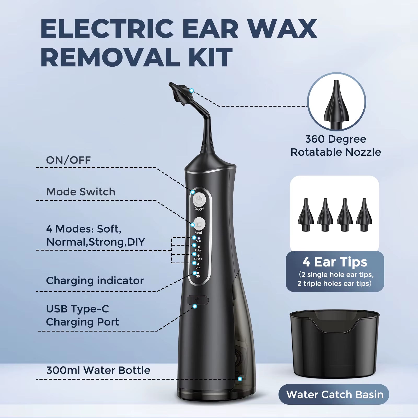 Electric Ear Cleaner Kit 4 Pressure Modes Ear Wax Removal Health Care Water Irrigation Ear Washer for Adults Child Ear Cleaner